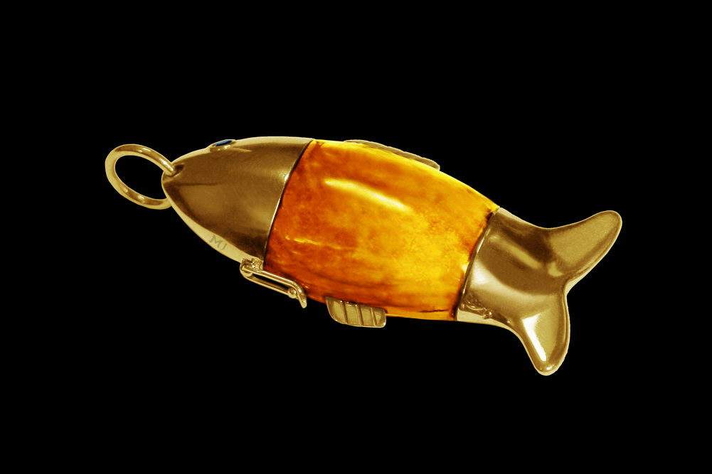 MJ - USB Flash Drive Fish Amber Edition - Golden Framework. Genuine Amber. Sapphire Blue Eyes.