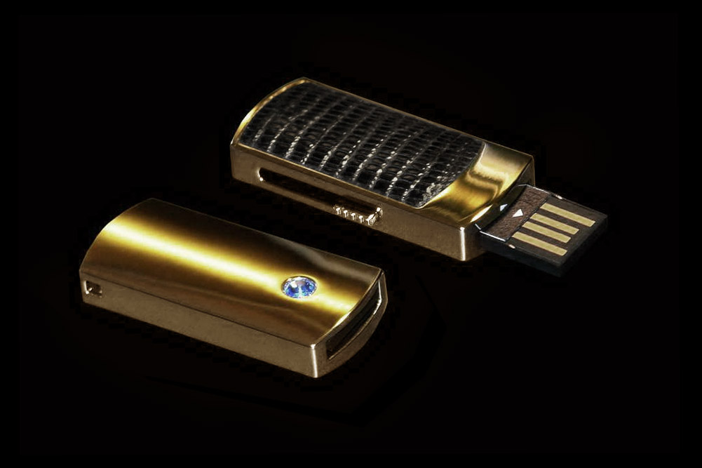 MJ Flash Drive VIP Iguana Leather Limited Edition - Pure Gold 24k incrusted Swarovski Blue Crystal